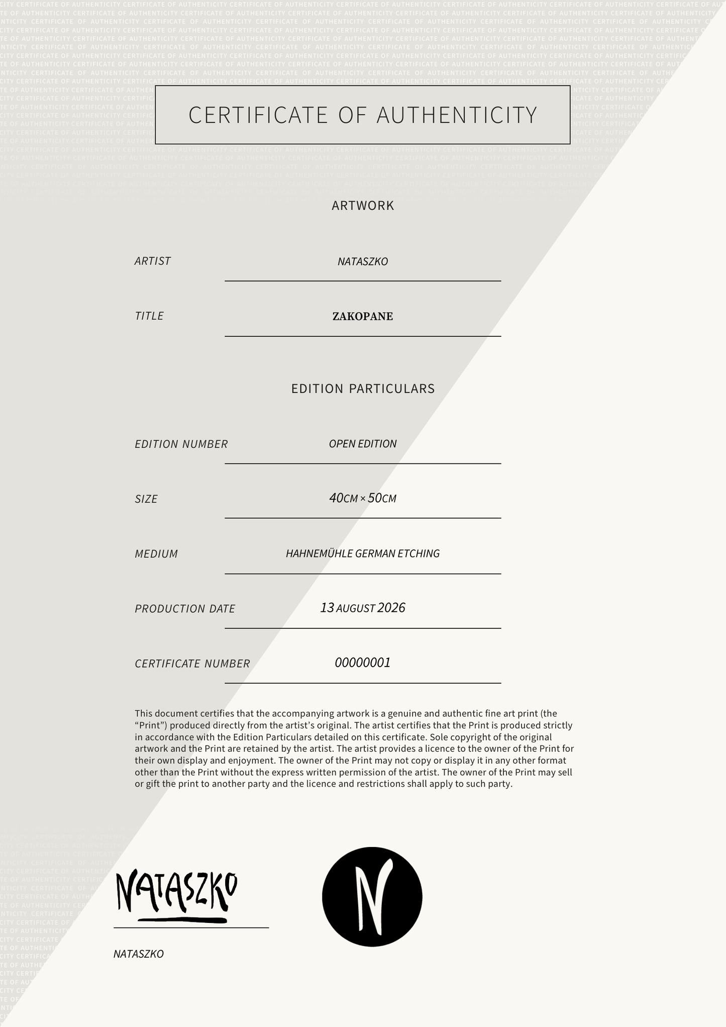 Zakopane — Certificate of Authenticity