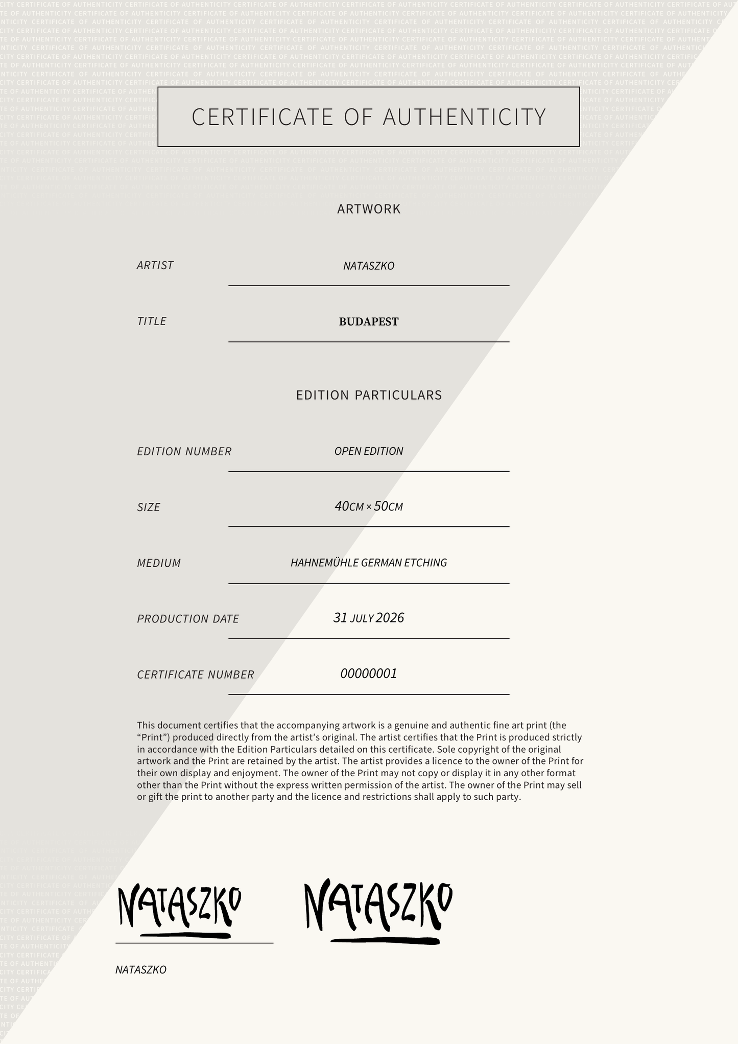 Budapest — Certificate of Authenticity