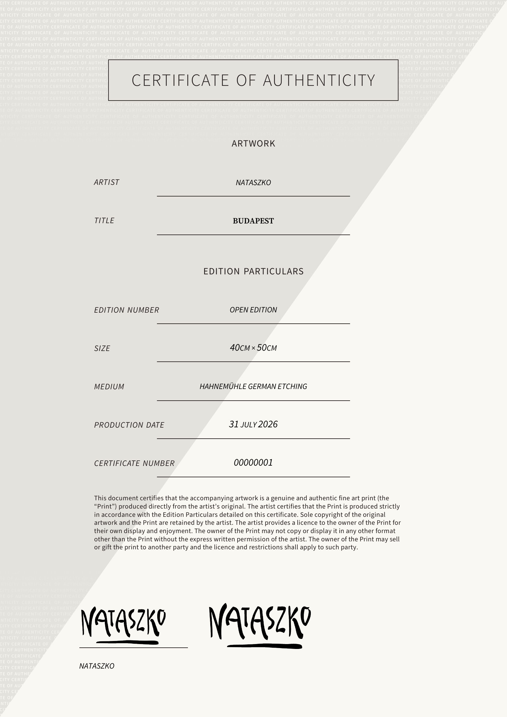 Budapest — Certificate of Authenticity