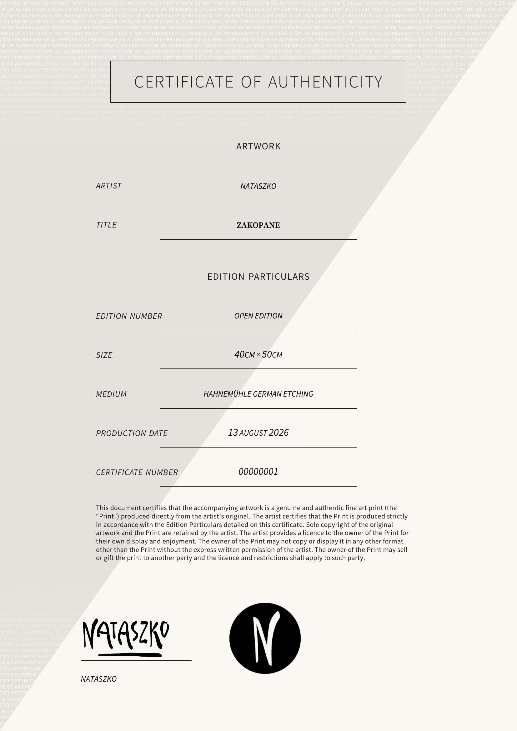 Zakopane — Certificate of Authenticity